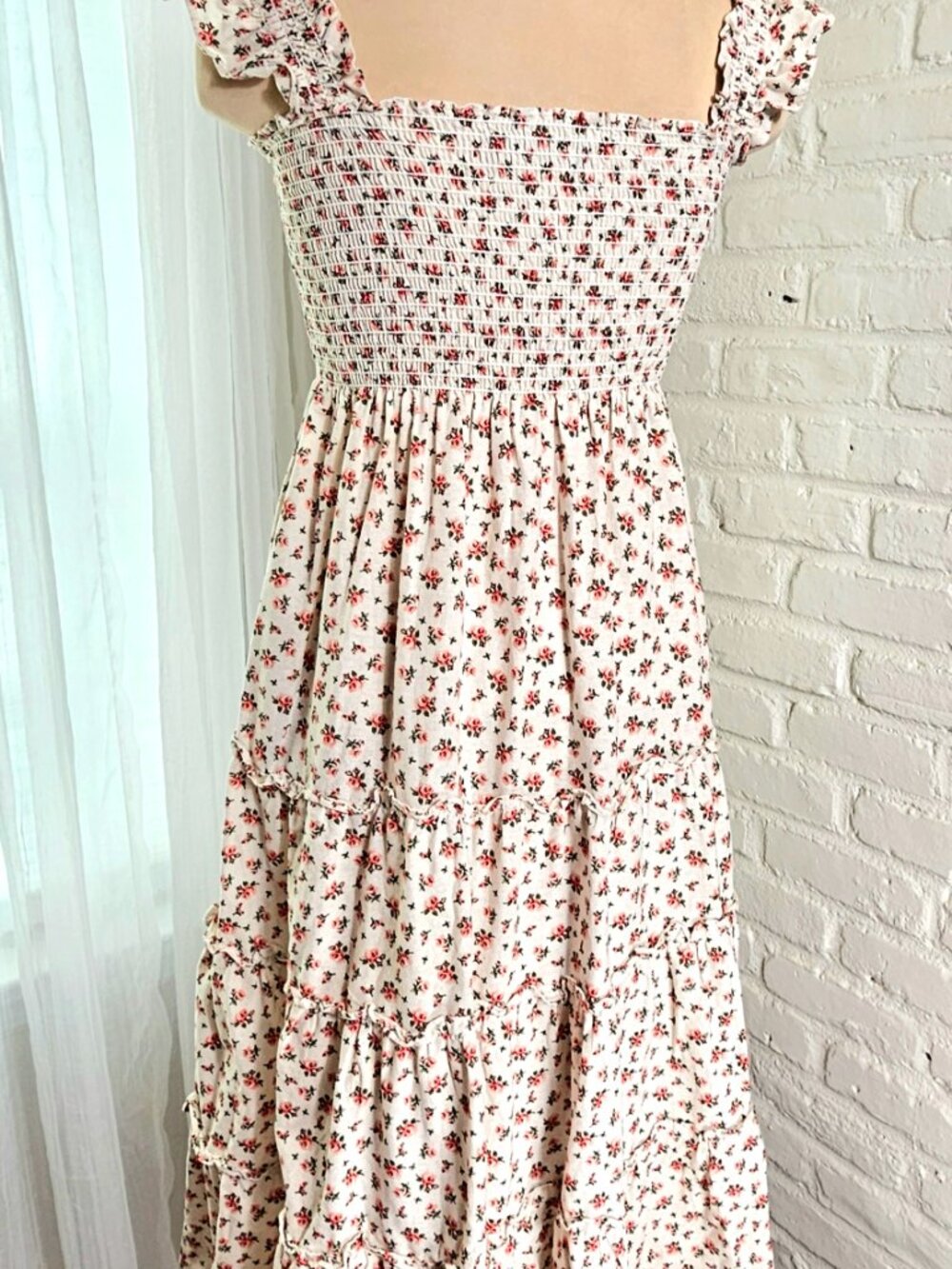 O.P.T. Smocked Floral Midi Dress Pink Ditzy Print Tiered Dress Pockets Size L - Picture 3 of 9